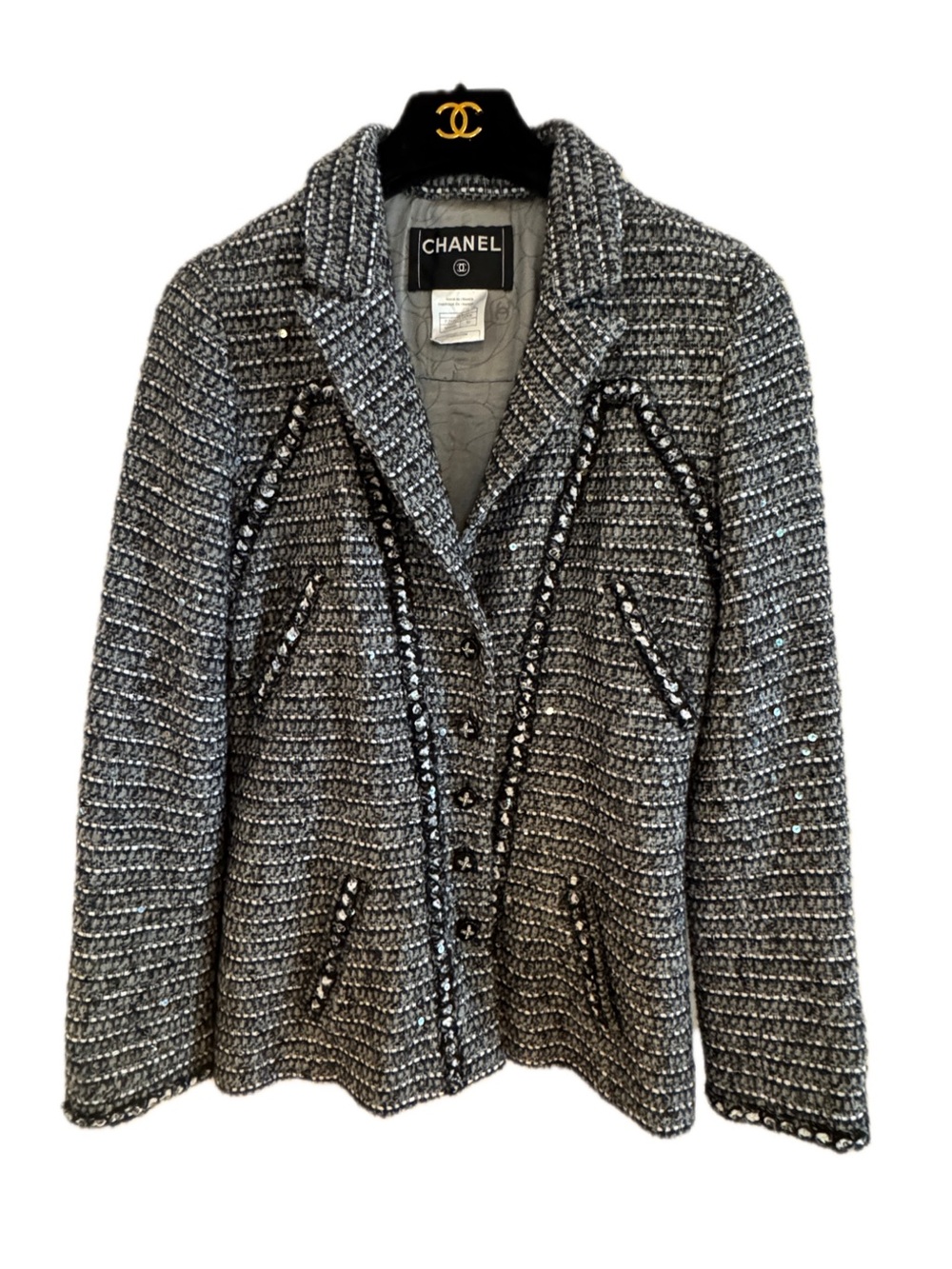 CHANEL Gray & Black Bouclé Tweed Blazer Jacket